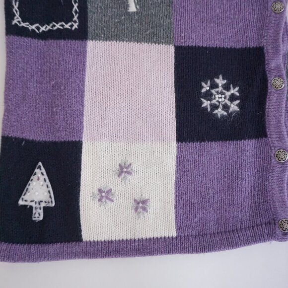 Christopher & Banks Lavender Patchwork Snowflake Tree Winter Grandma Cardigan XL - Picture 6 of 9